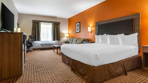 Habitación de hotel con una cama grande, un escritorio, una silla y un televisor.