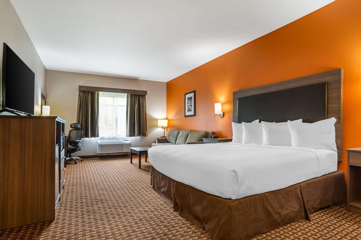 A hotel room with a large bed, a desk, a chair, and a television.