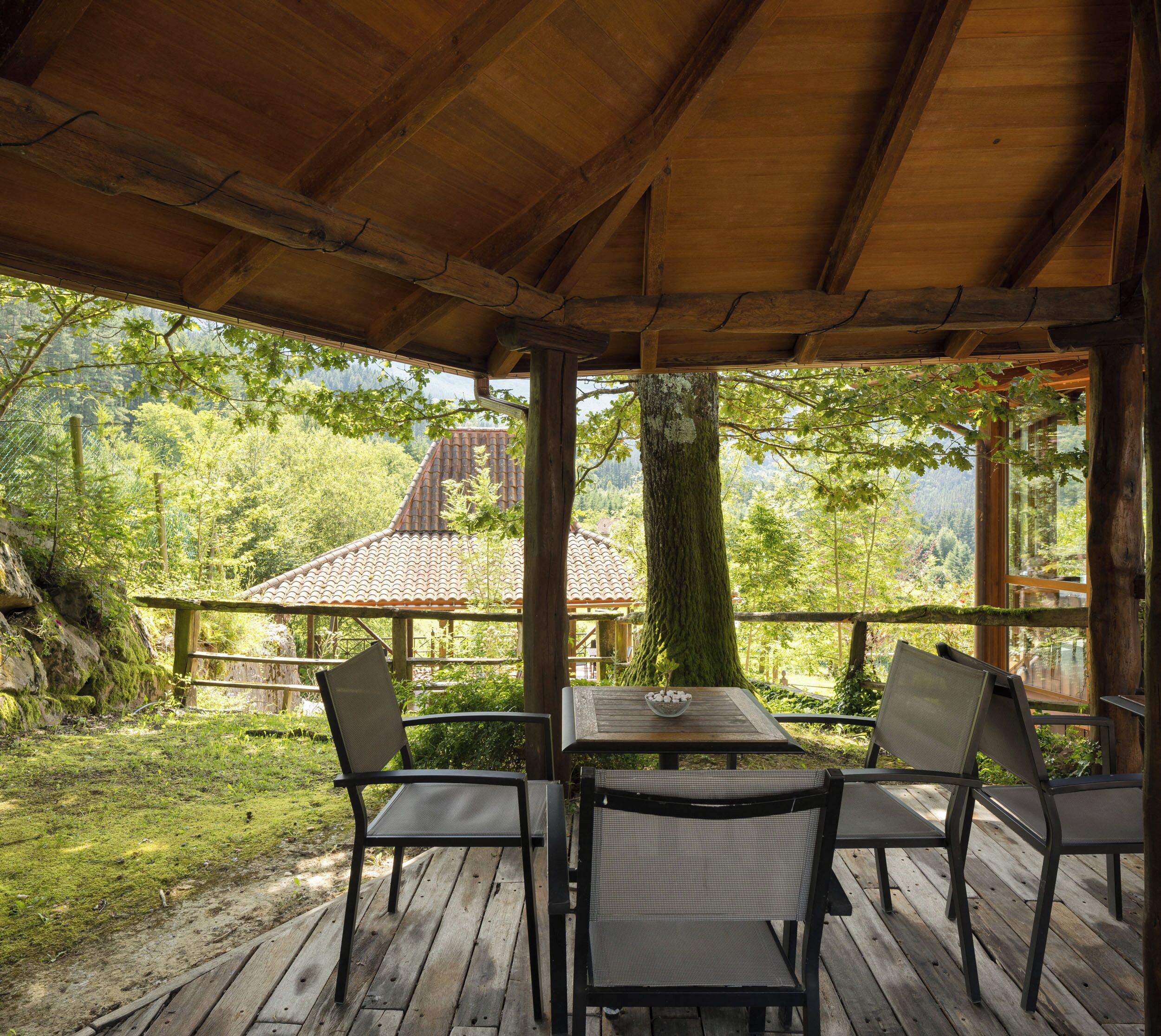 Un espace extérieur abrité, doté d’une table et de chaises, offrant une vue sur un paysage boisé et un bâtiment avec un toit en tuiles.