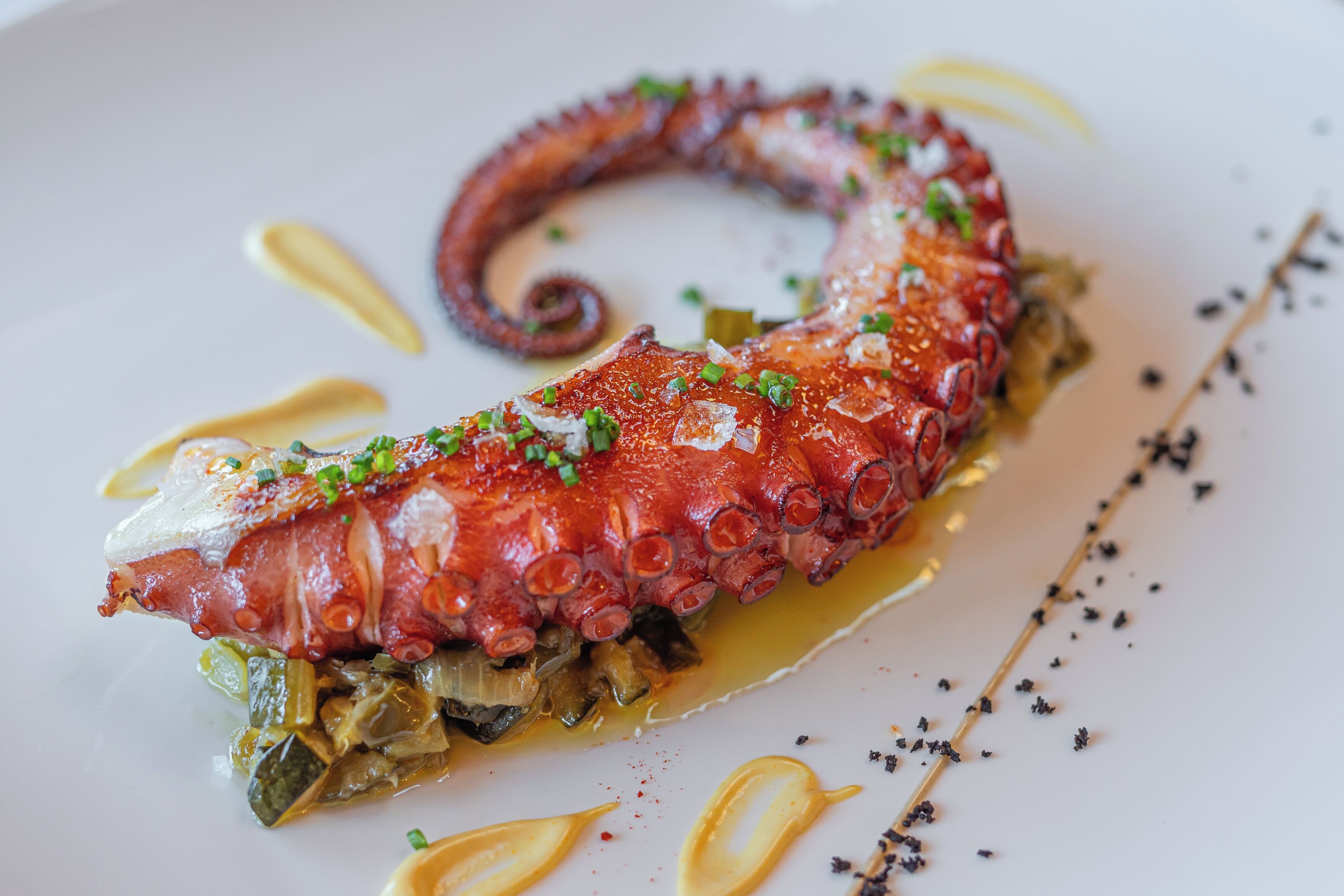 A plate with a cooked octopus, garnished with herbs, and accompanied by a sauce and a small amount of black pepper.
