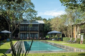 Une piscine entourée d’arbres et d’un bâtiment aux grandes fenêtres, avec des chaises longues et des parasols à proximité.