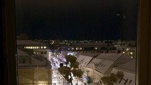 Vista desde una ventana con una planta en maceta al frente, mostrando una calle nevada de noche con edificios y farolas.