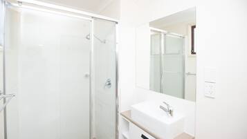 Une salle de bain moderne avec une douche à parois de verre, un lavabo blanc et un grand miroir.