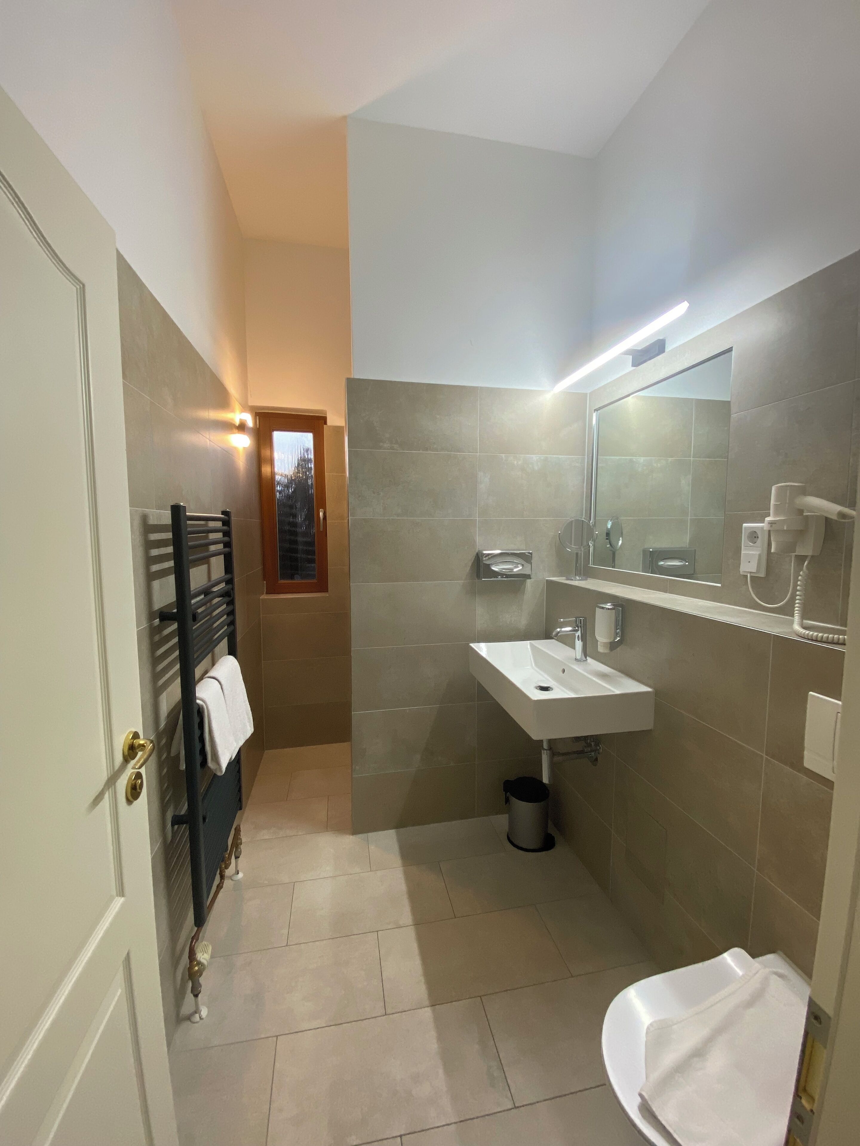 hair dryer, towels, soap, shampoo