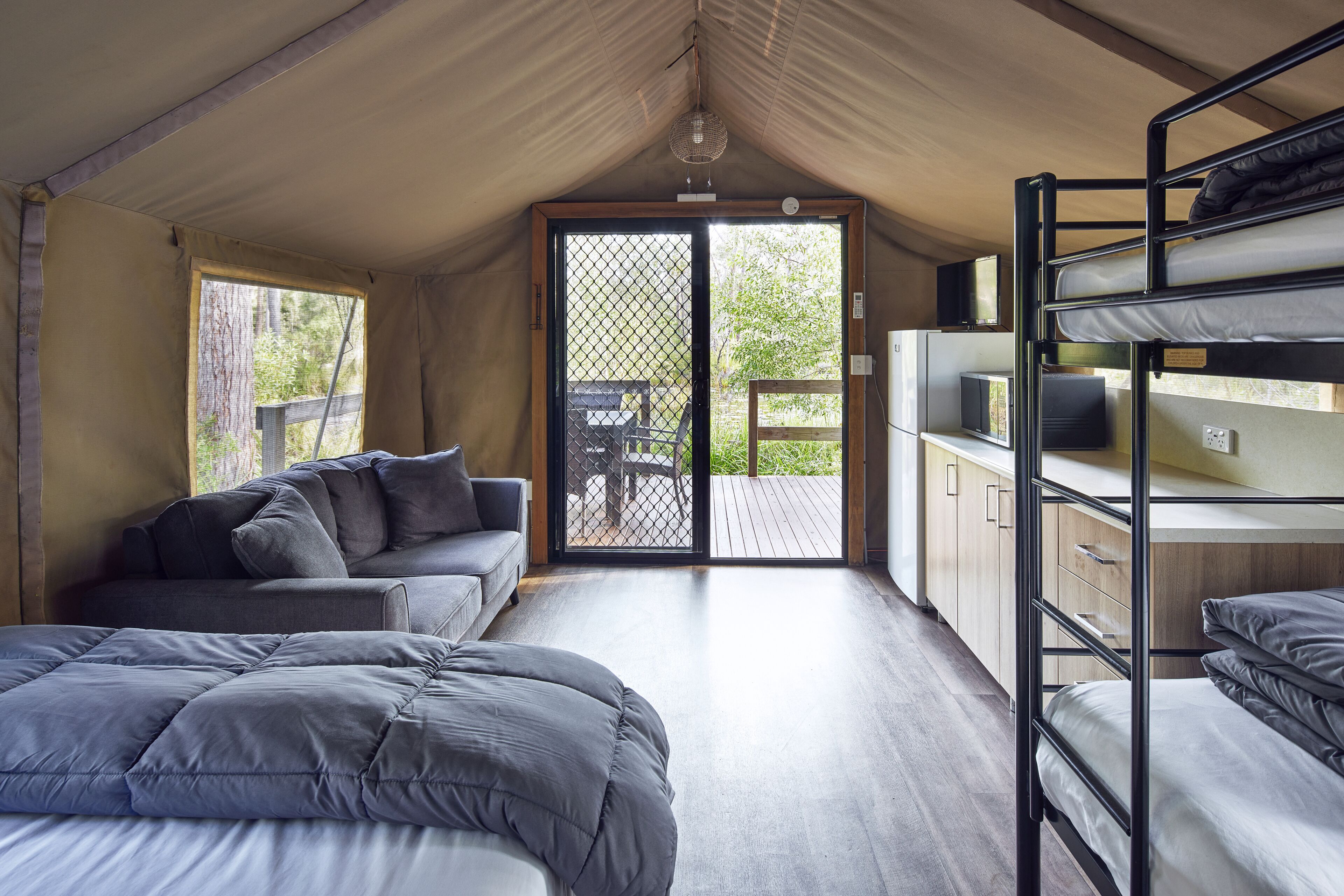 Lagoon Safari Tent | Private kitchen | Full-size fridge, microwave, electric kettle, cookware/dishes/utensils