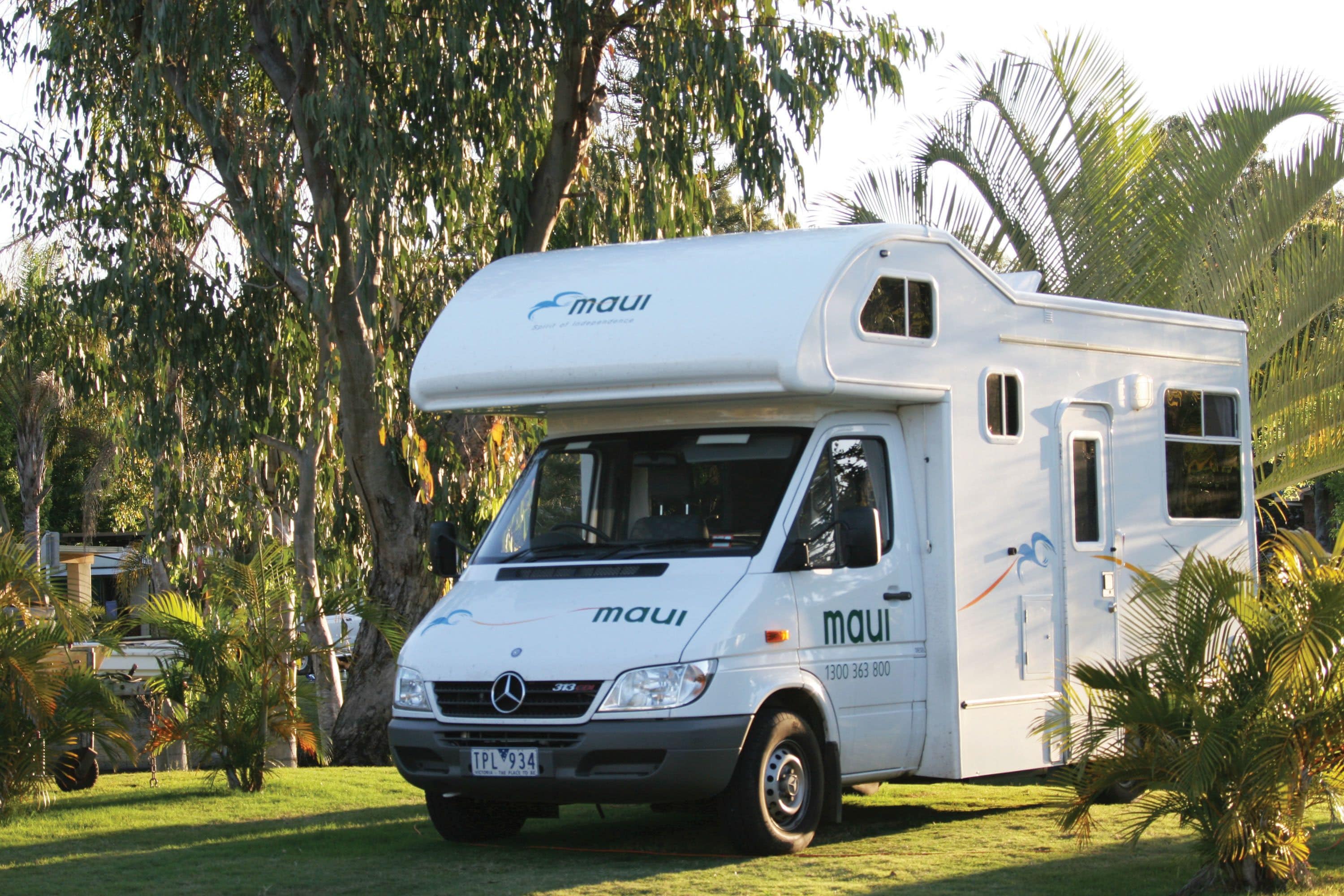 Un camping-car blanc de la marque « maui » est garé dans une zone herbeuse, bordée d’arbres, sous un ciel dégagé.