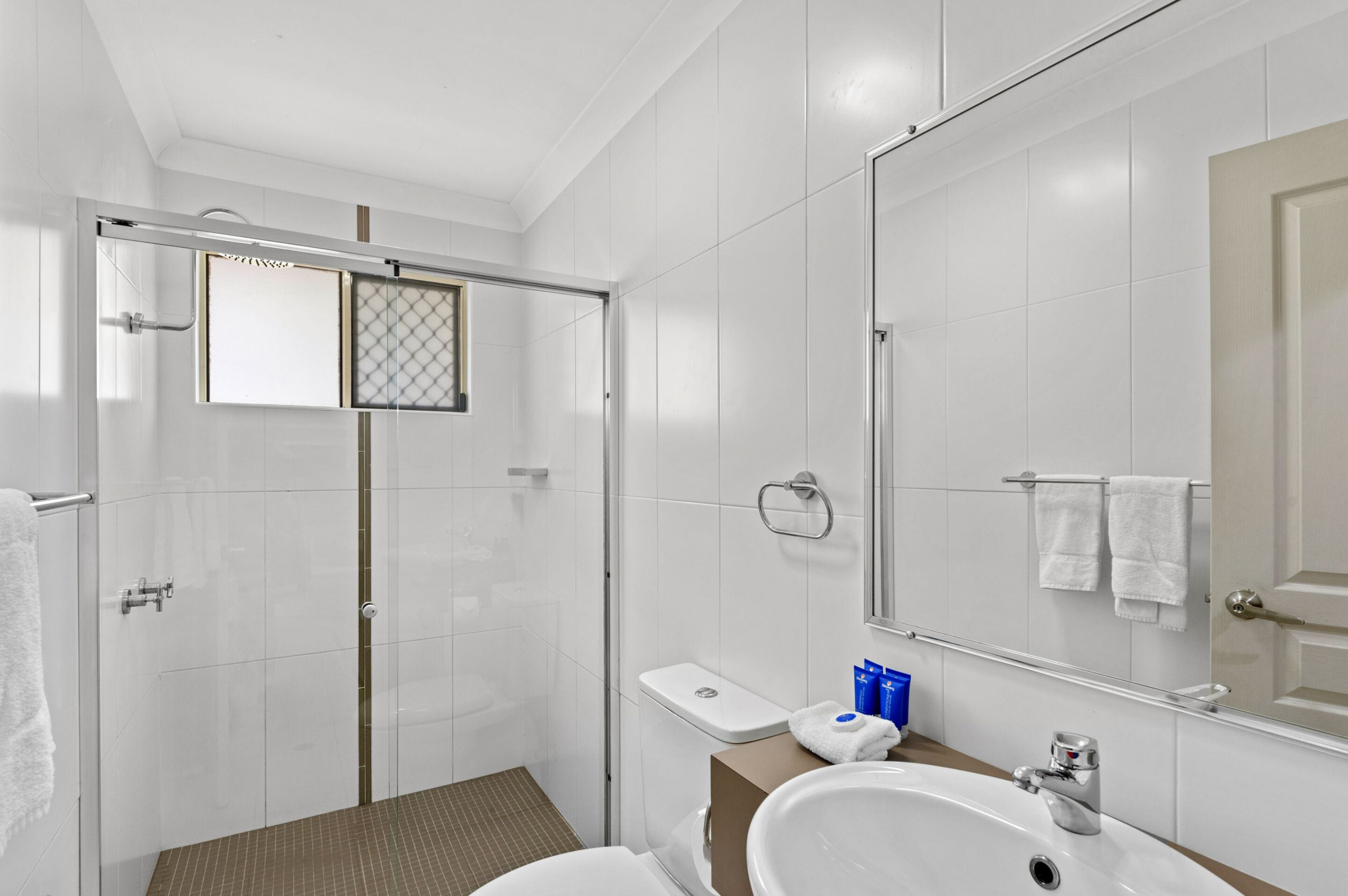 A modern bathroom with a glass shower enclosure, a toilet, a sink, and a mirror.