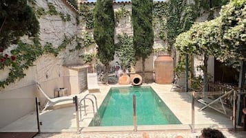 Seasonal outdoor pool, pool umbrellas, pool loungers