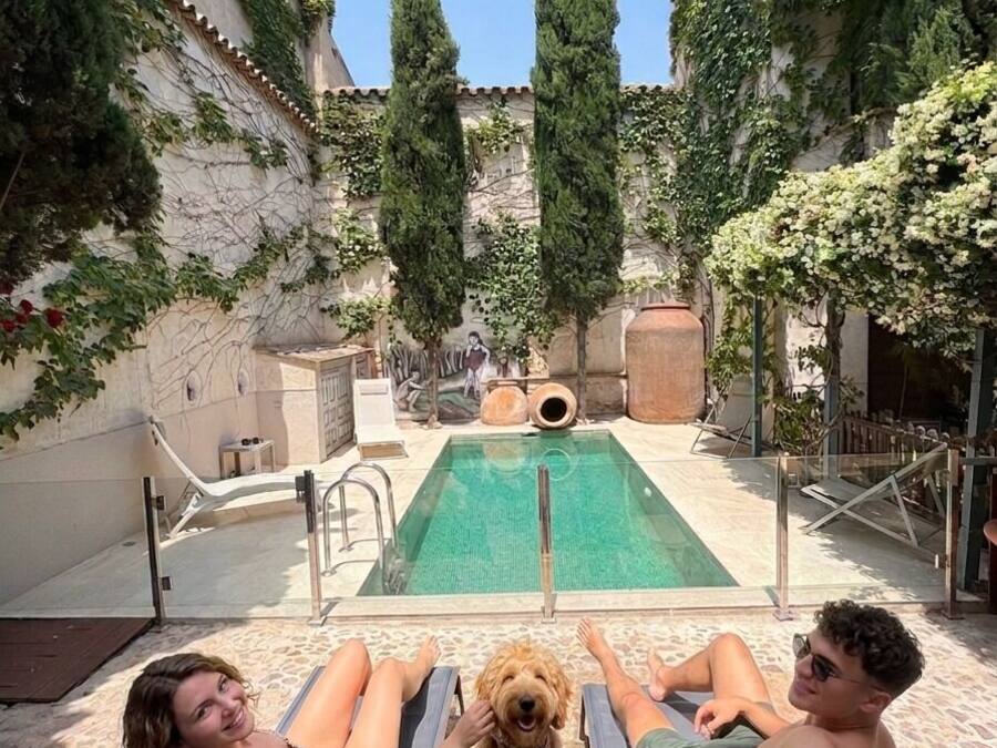 Seasonal outdoor pool, pool umbrellas, pool loungers