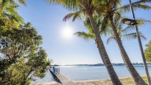 A beach with palm trees, a concrete walkway, and a calm body of water. - NRMA Blue Dolphin Yamba Holiday Resort (Yamba)