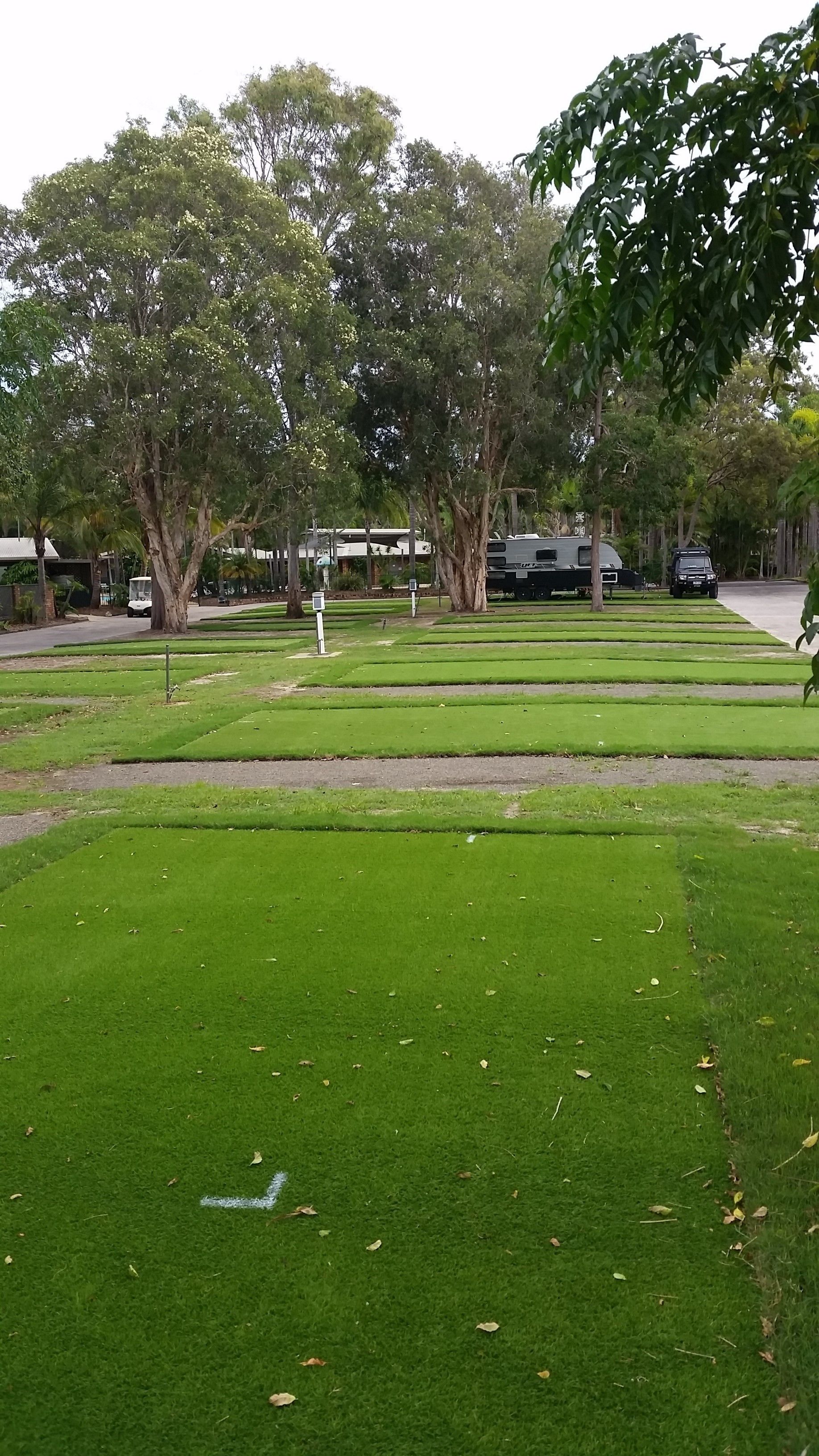 A park with well-maintained grass lawns, trees, and a pathway.