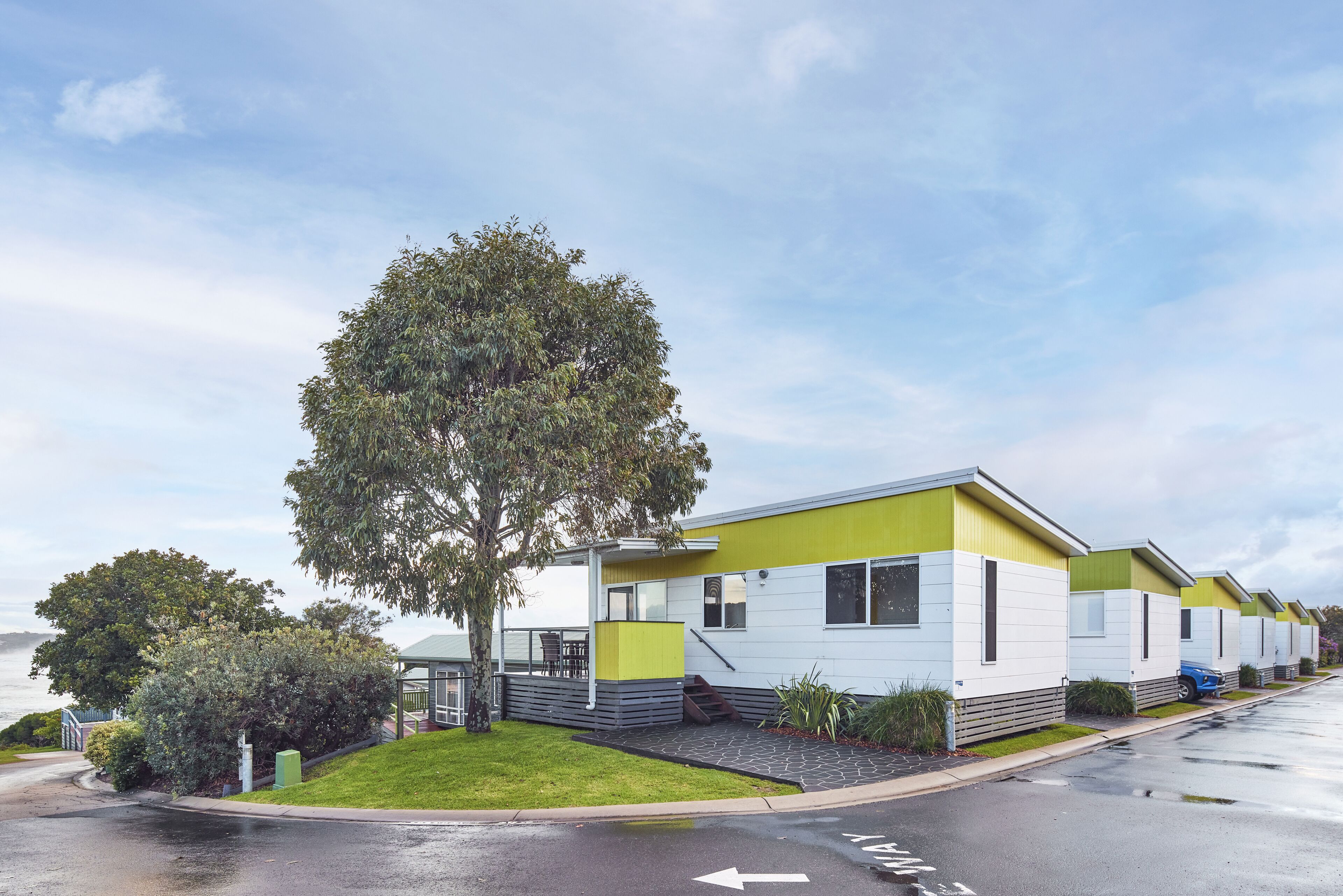 A row of modern mobile homes with a grassy area and a tree in front.