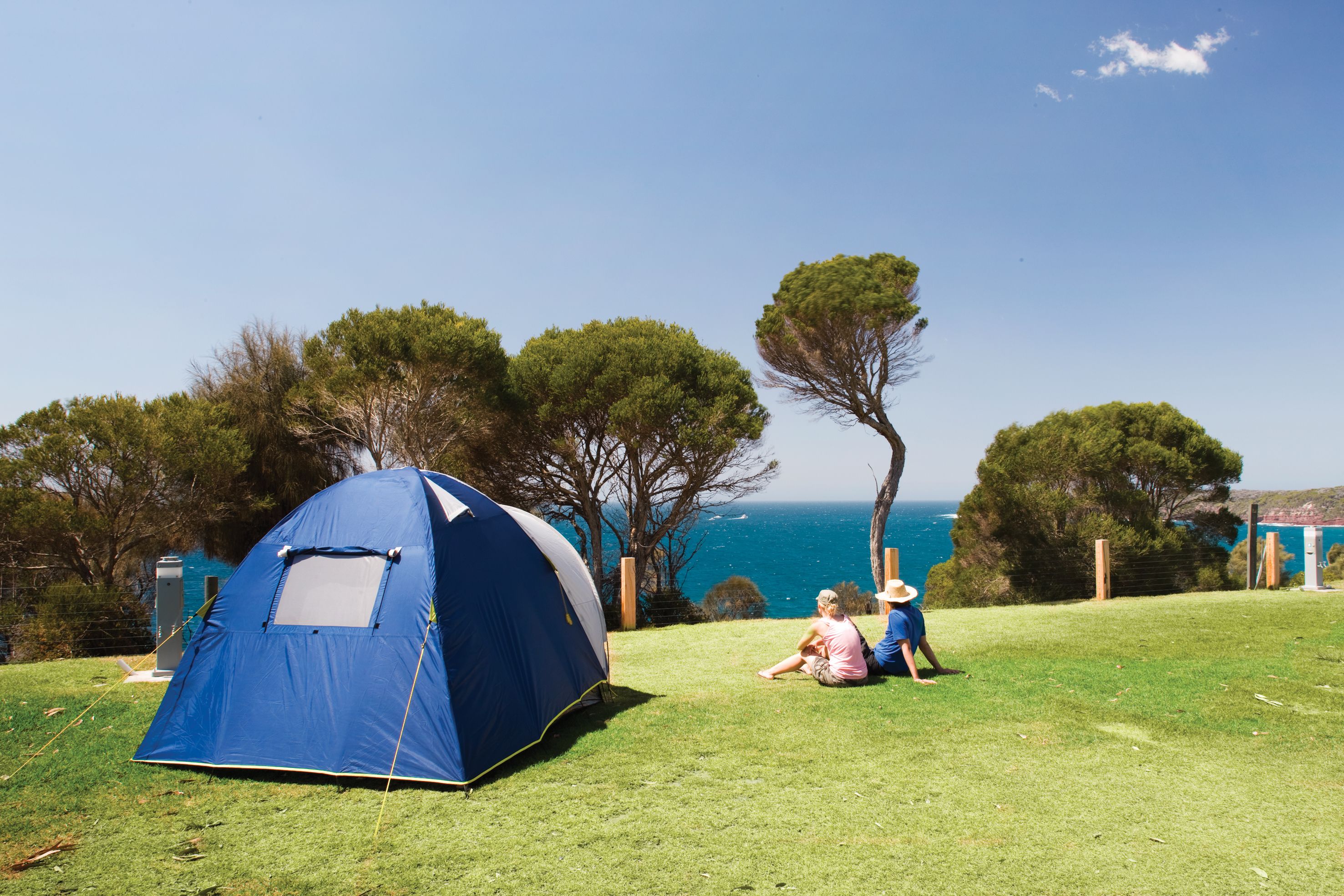 A blue tent set up on a grassy field with a view of the ocean in the background.