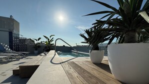 Zona de piscina en la azotea con sillones de descanso, plantas en macetas y vista despejada al mar.