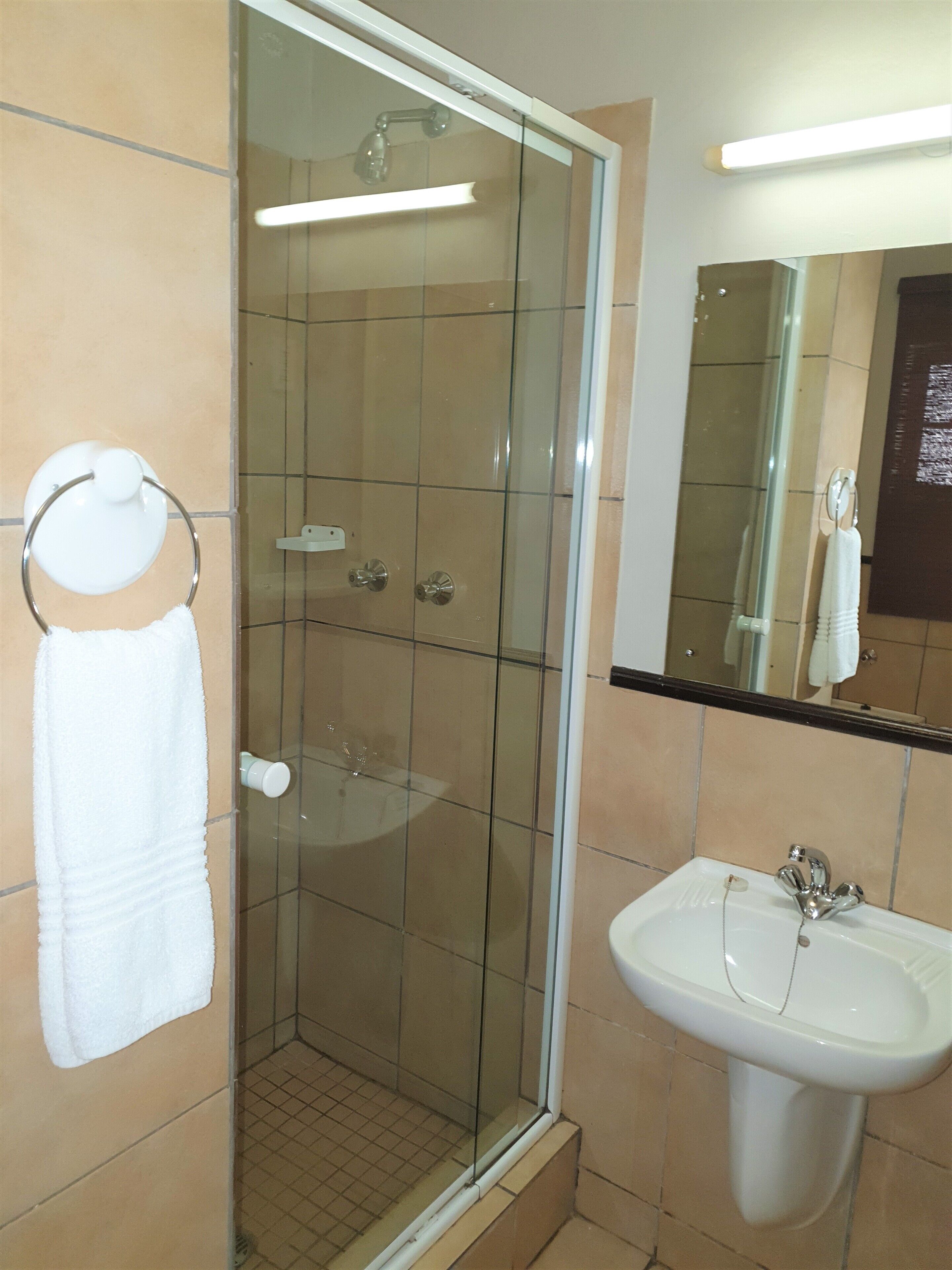 A bathroom with a glass-enclosed shower, a white sink, and a mirror above the sink.