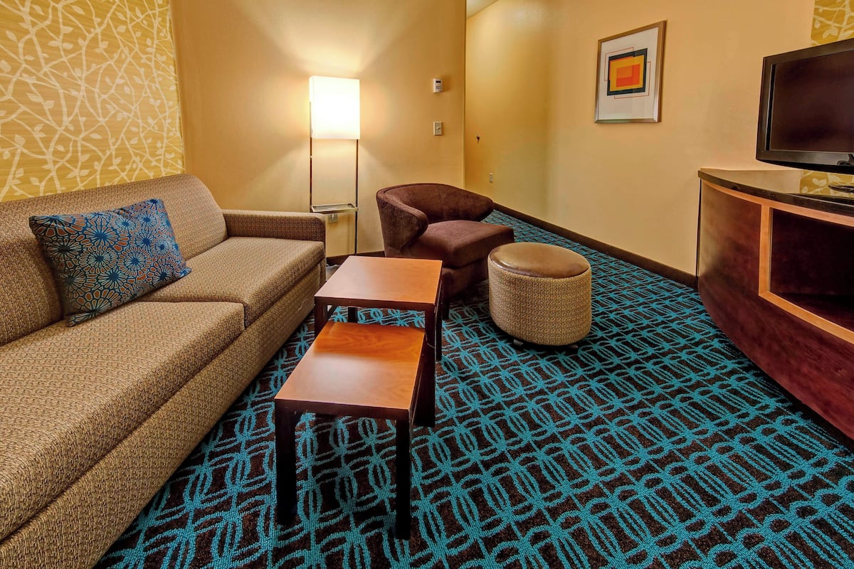 Une chambre d’hôtel comprenant un canapé, un fauteuil, un pouf, une petite table, une télévision, une lampe et une moquette à motifs.