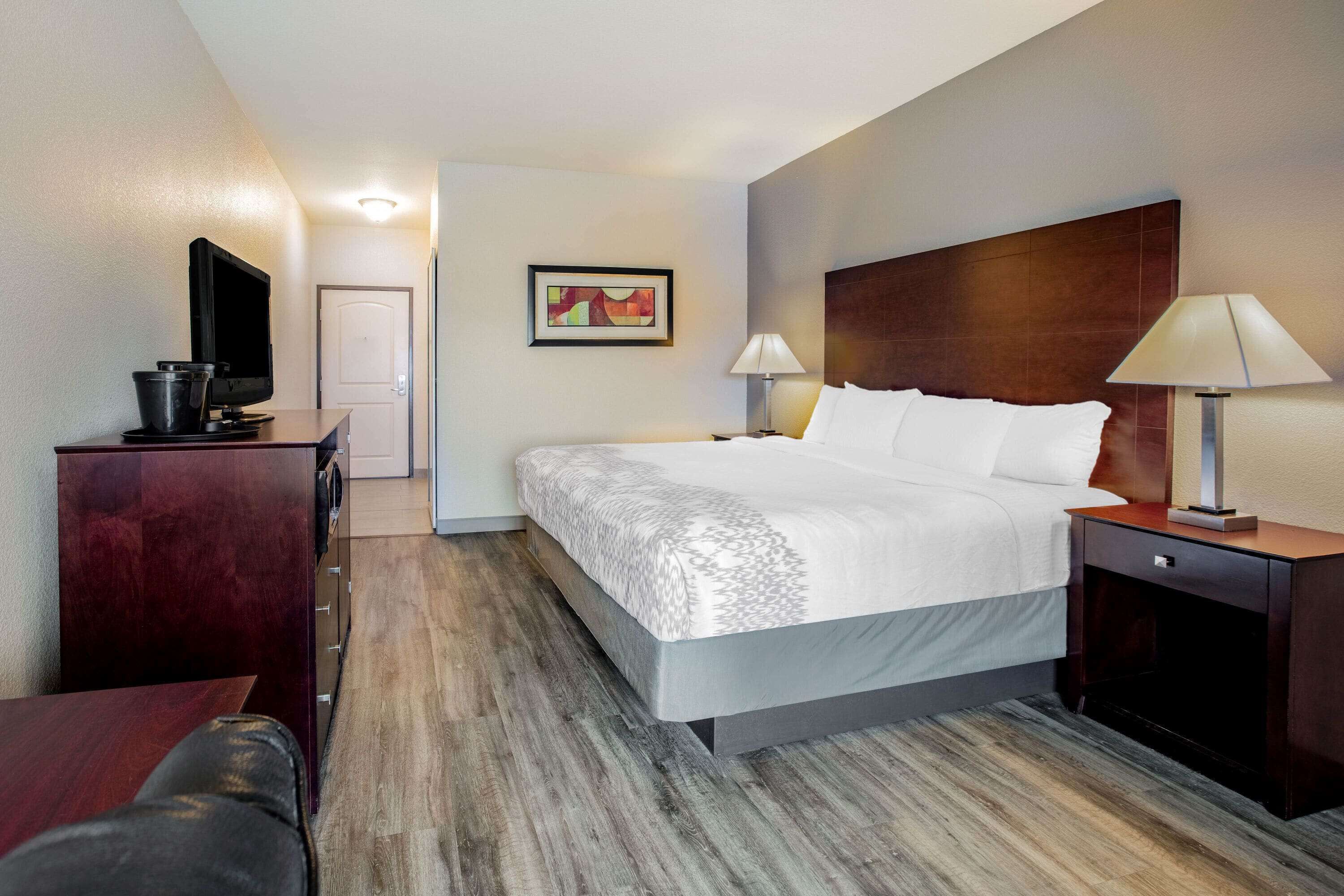 A hotel room with a large bed, a desk with a television, a lamp, and a framed picture on the wall.