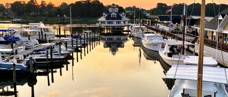 A marina with docked boats and a large house with a dock extending into the water.