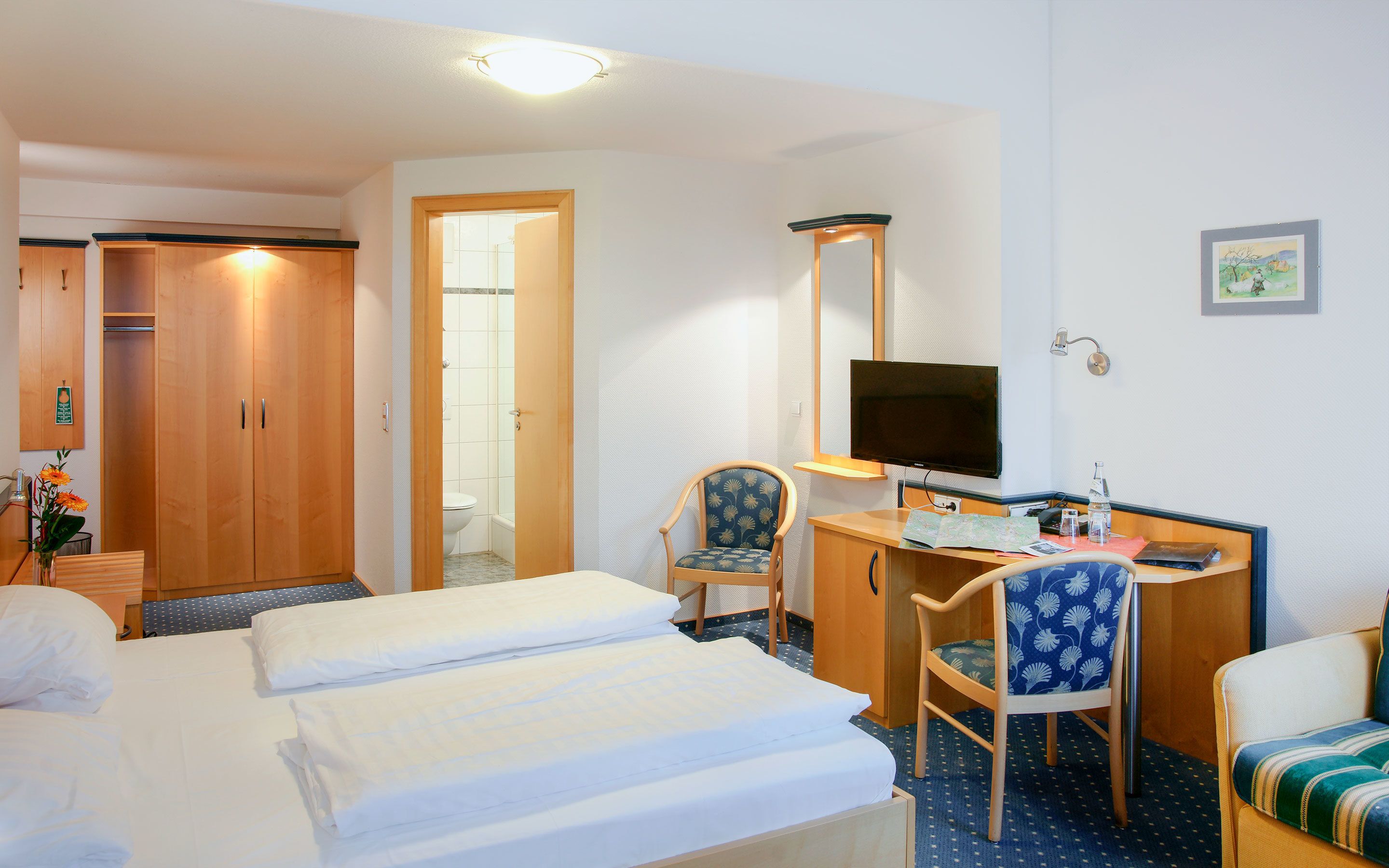 A hotel room with a bed, a desk with a chair, a television, and a shower area.