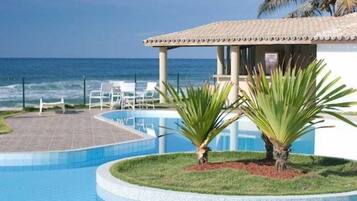 Outdoor pool, pool umbrellas, pool loungers