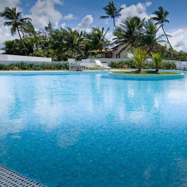 Outdoor pool, pool umbrellas, pool loungers