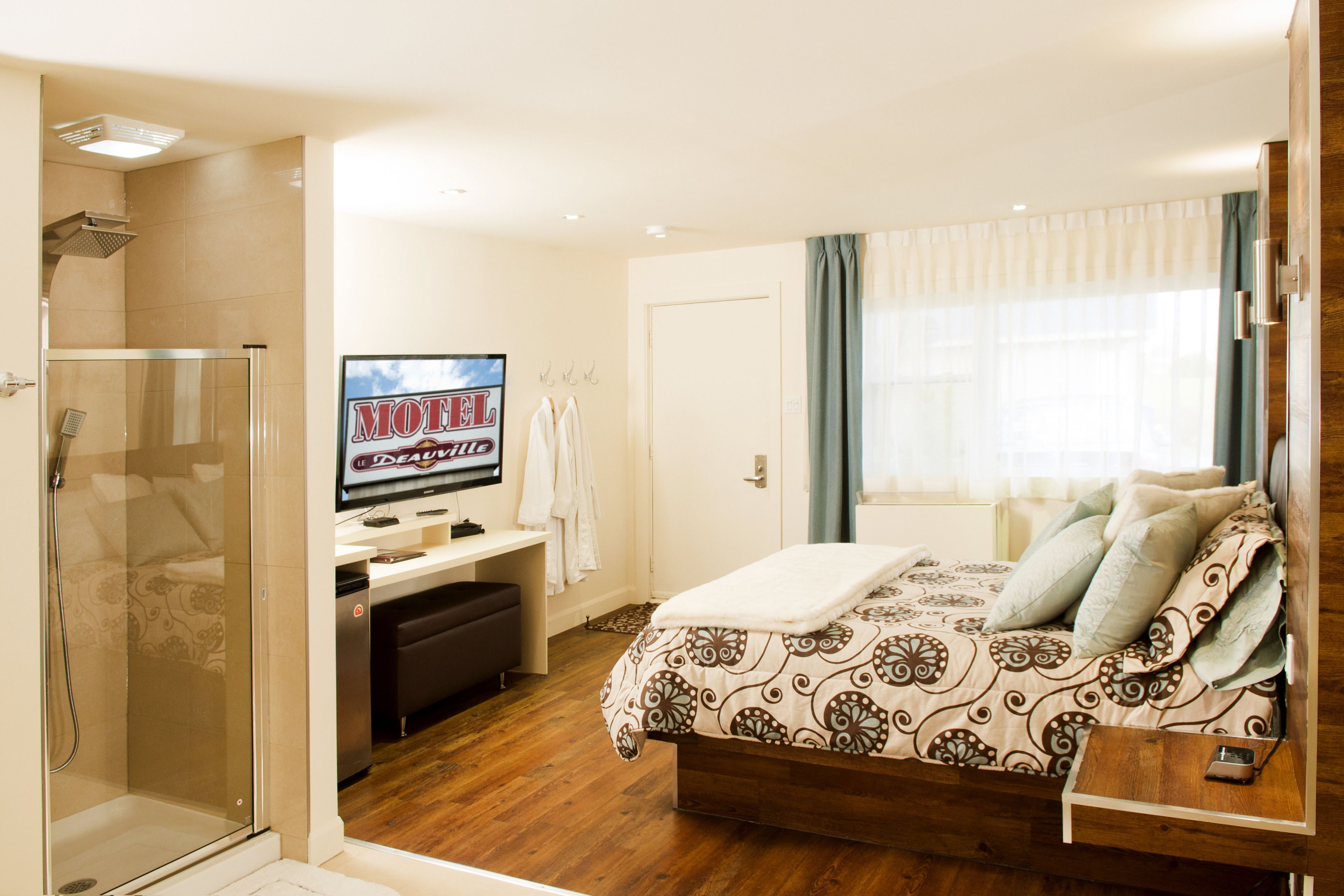 Une chambre d’hôtel avec un lit, un bureau, une télévision et une douche.