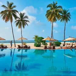 Una piscina al aire libre, sombrillas, sillones reclinables de piscina