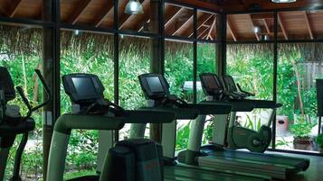 A gym with treadmills and exercise equipment, large windows with a view of greenery, and a wooden ceiling.