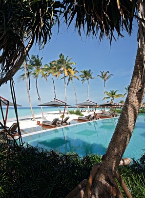 Outdoor pool, pool umbrellas, pool loungers
