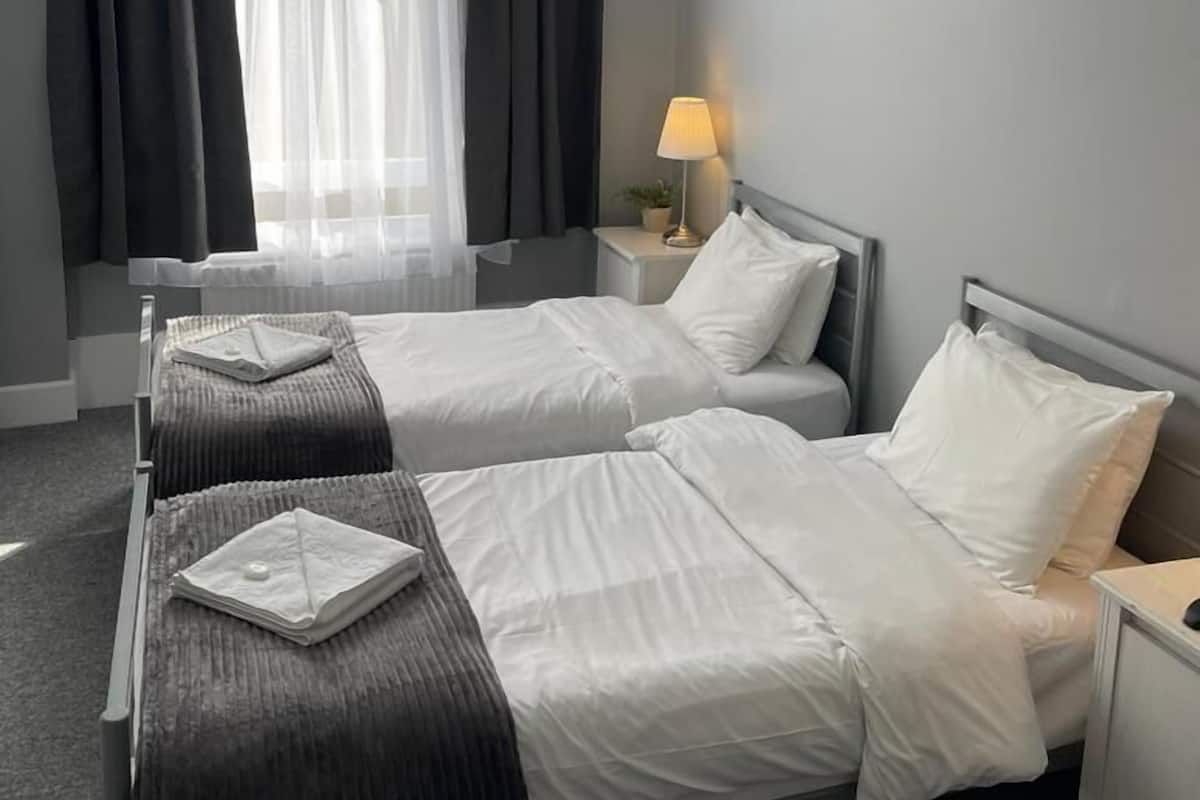 A hotel room with two single beds, a window with sheer curtains, a bedside lamp, and a small table with a plant.