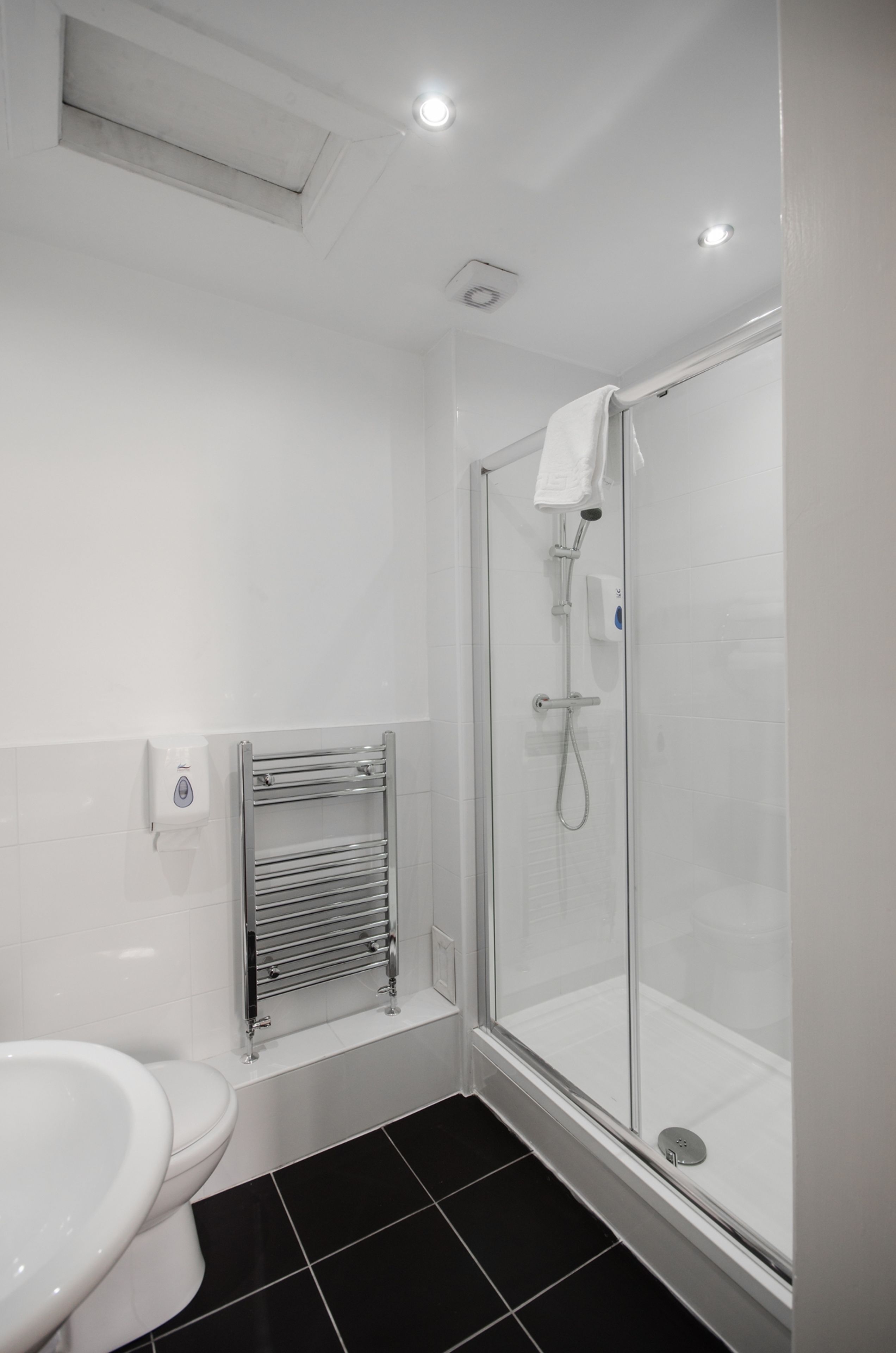 A modern bathroom with a glass-enclosed shower, a white toilet, and a towel rack.