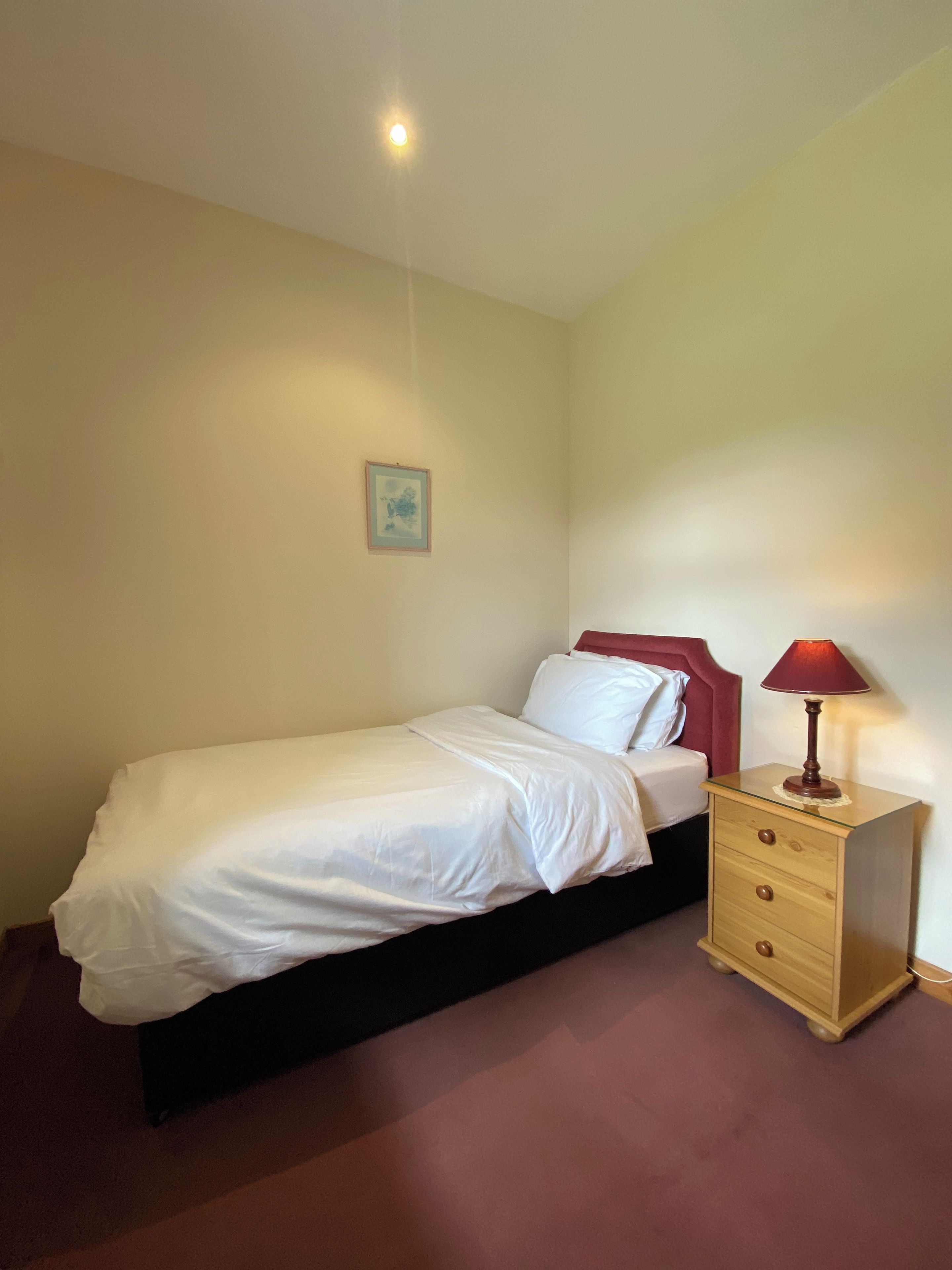 A single bed with a wooden headboard, a bedside table with a lamp, and a small framed picture on the wall.