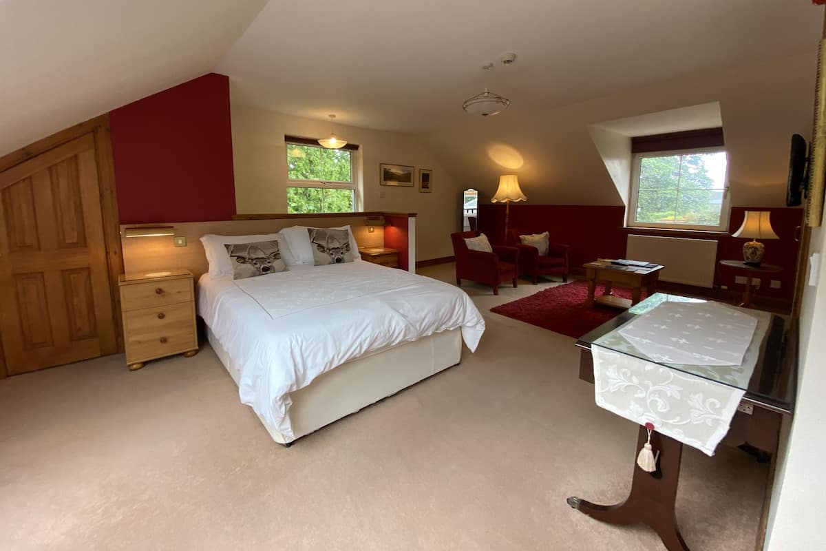 Une chambre à coucher avec un lit, un bureau, deux chaises, un tapis rouge et une fenêtre.