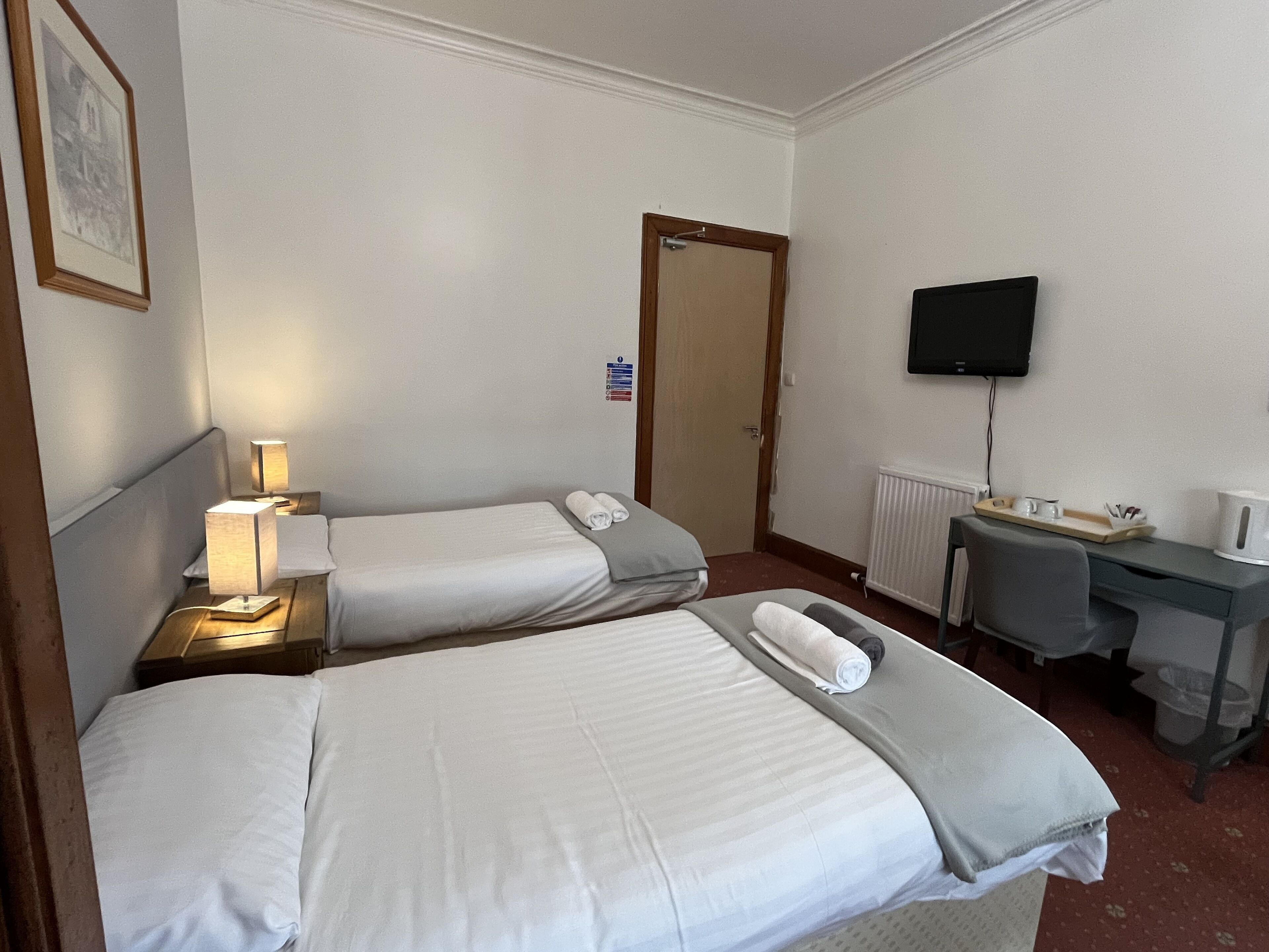 Habitación de hotel con dos camas, un escritorio, una silla, un televisor y un cuadro en la pared.