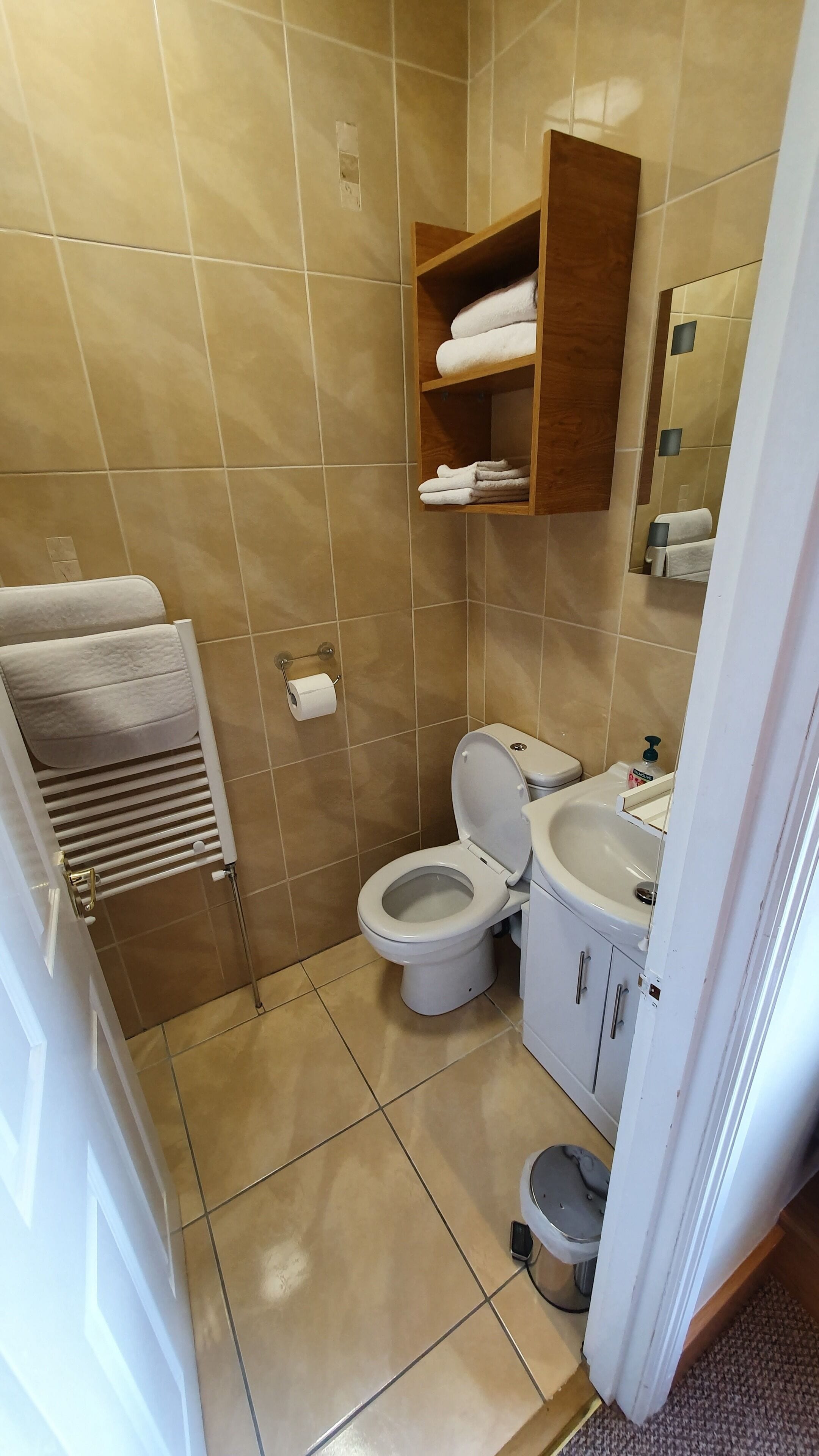A bathroom with a toilet, sink, and towel rack.