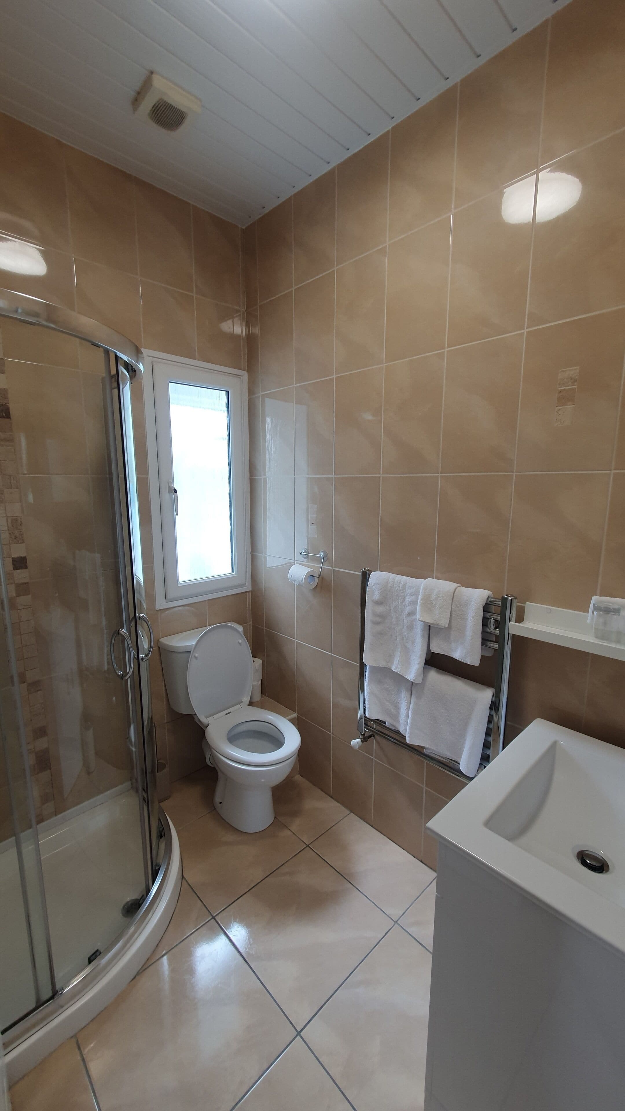 Une salle de bain avec une douche à parois de verre, des toilettes, un lavabo et une fenêtre.