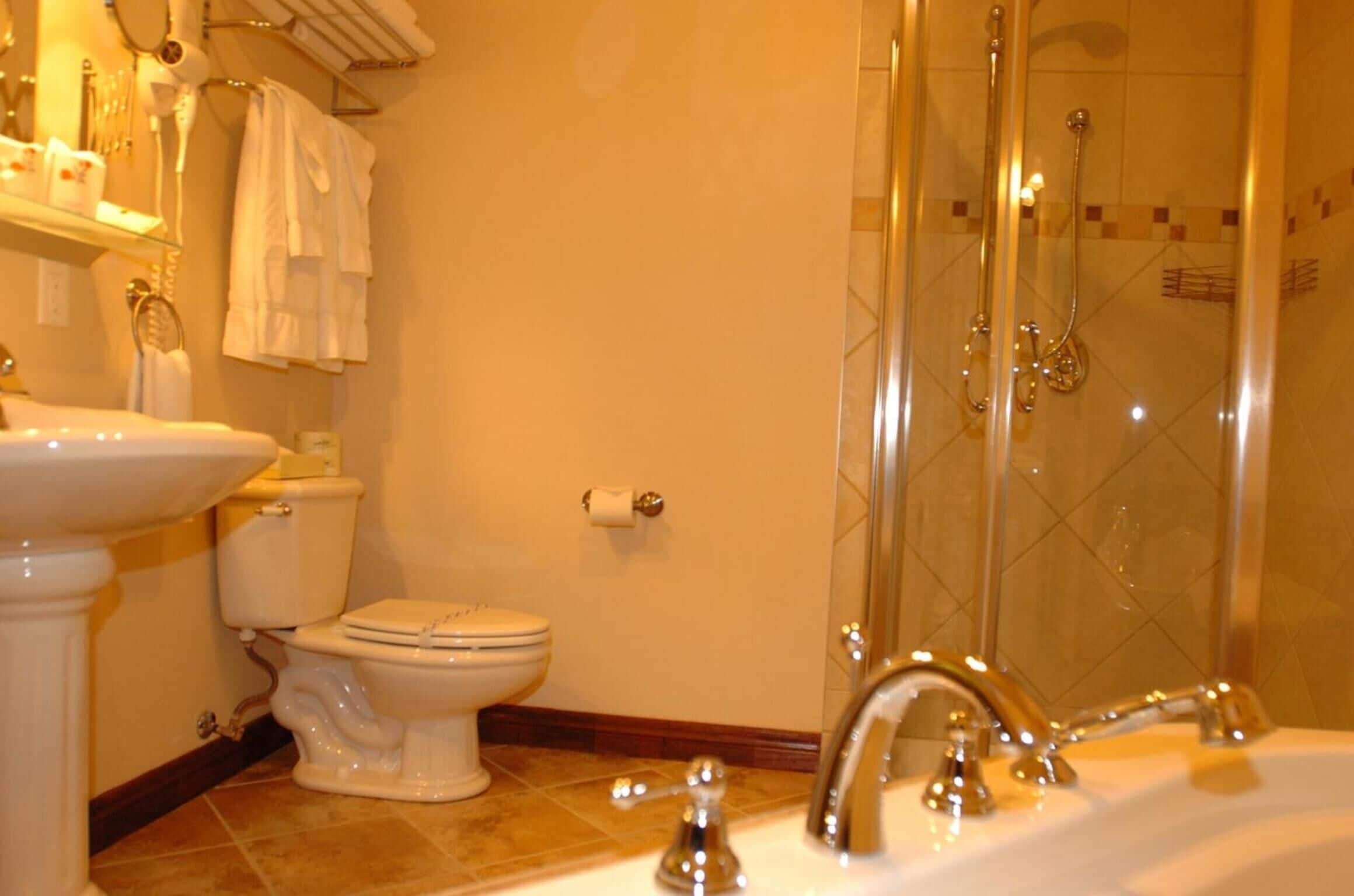 separate bathtub and shower, jetted bath, free toiletries, hair dryer