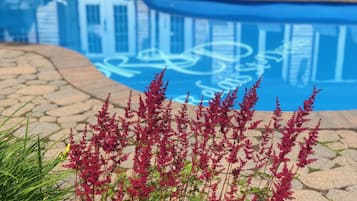 A swimming pool with a blue tiled edge and a stone pathway leading to it.