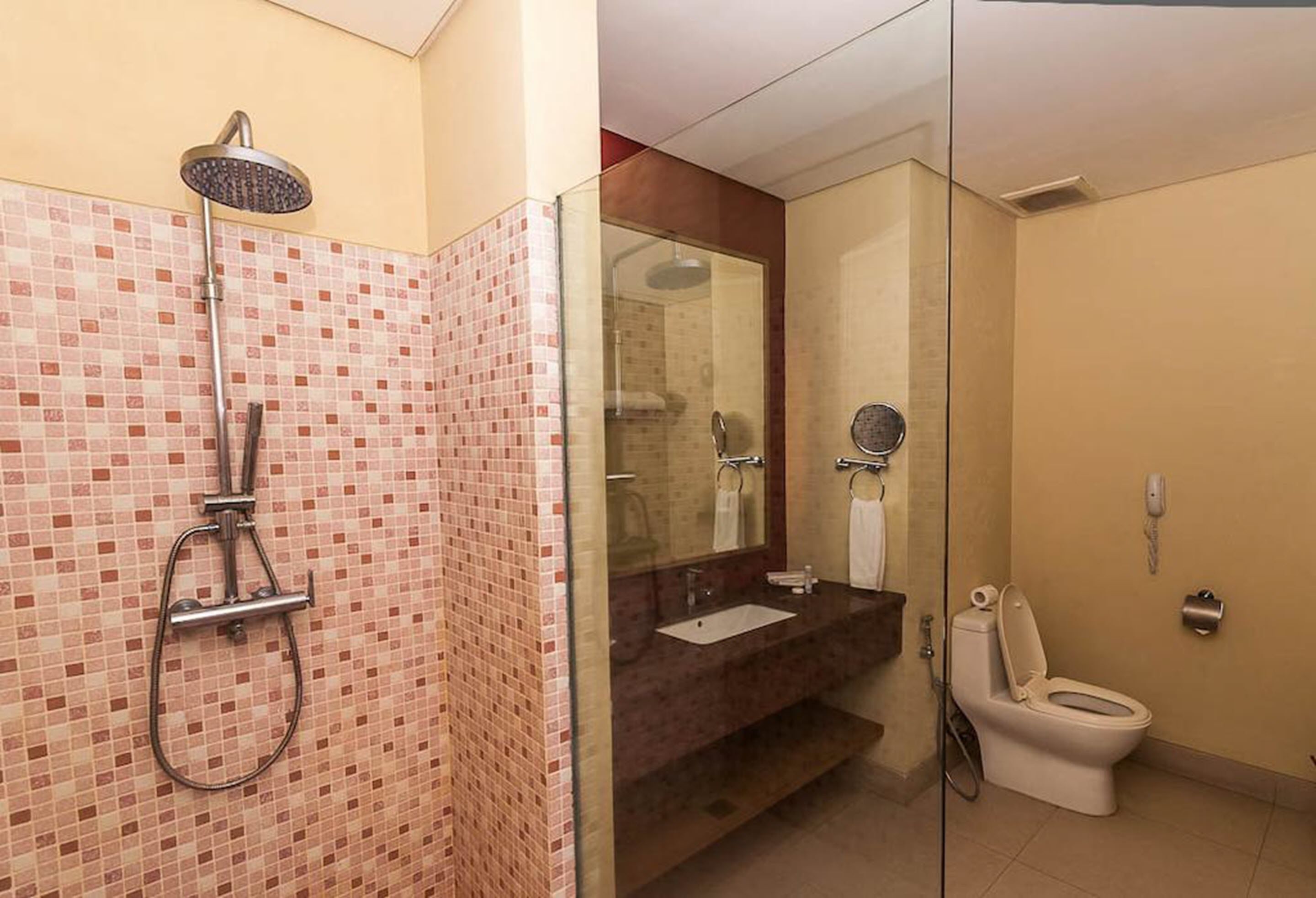 A bathroom with a shower, a sink, a toilet, and a glass partition.