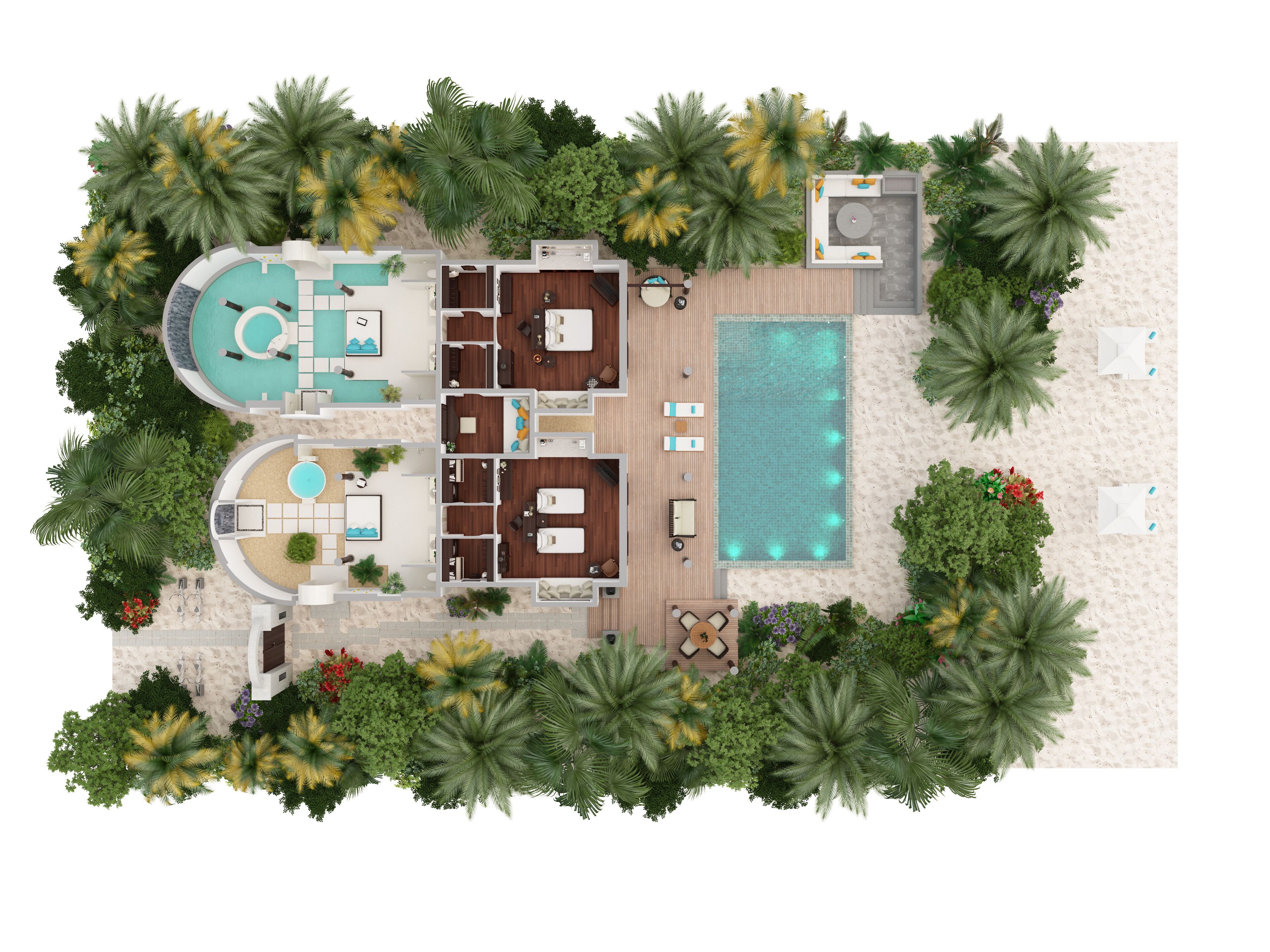 Un complexe hôtelier doté d’une piscine, de plusieurs chambres et d’un espace de plage.