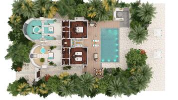 Un complexe hôtelier doté d’une piscine, de plusieurs chambres et d’un espace de plage.