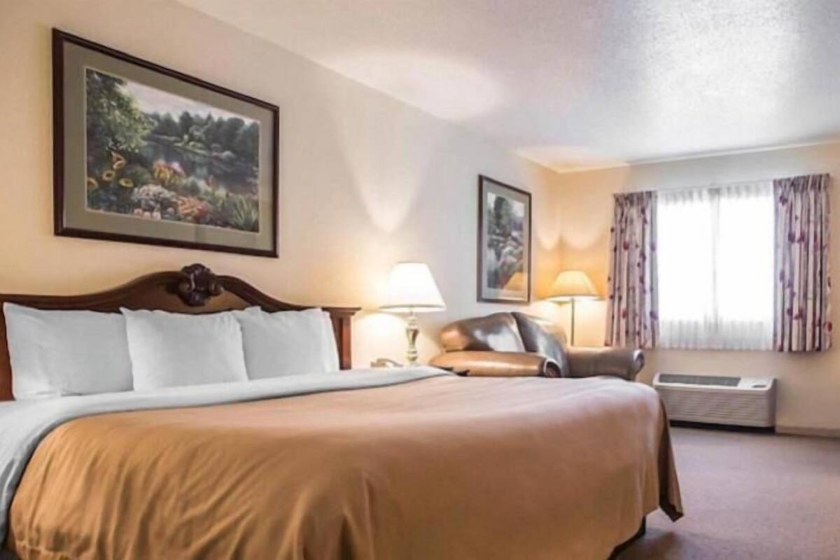 A hotel room with a large bed, two bedside tables, a desk, and a chair. There are two windows with curtains, and the room has a neutral color scheme.