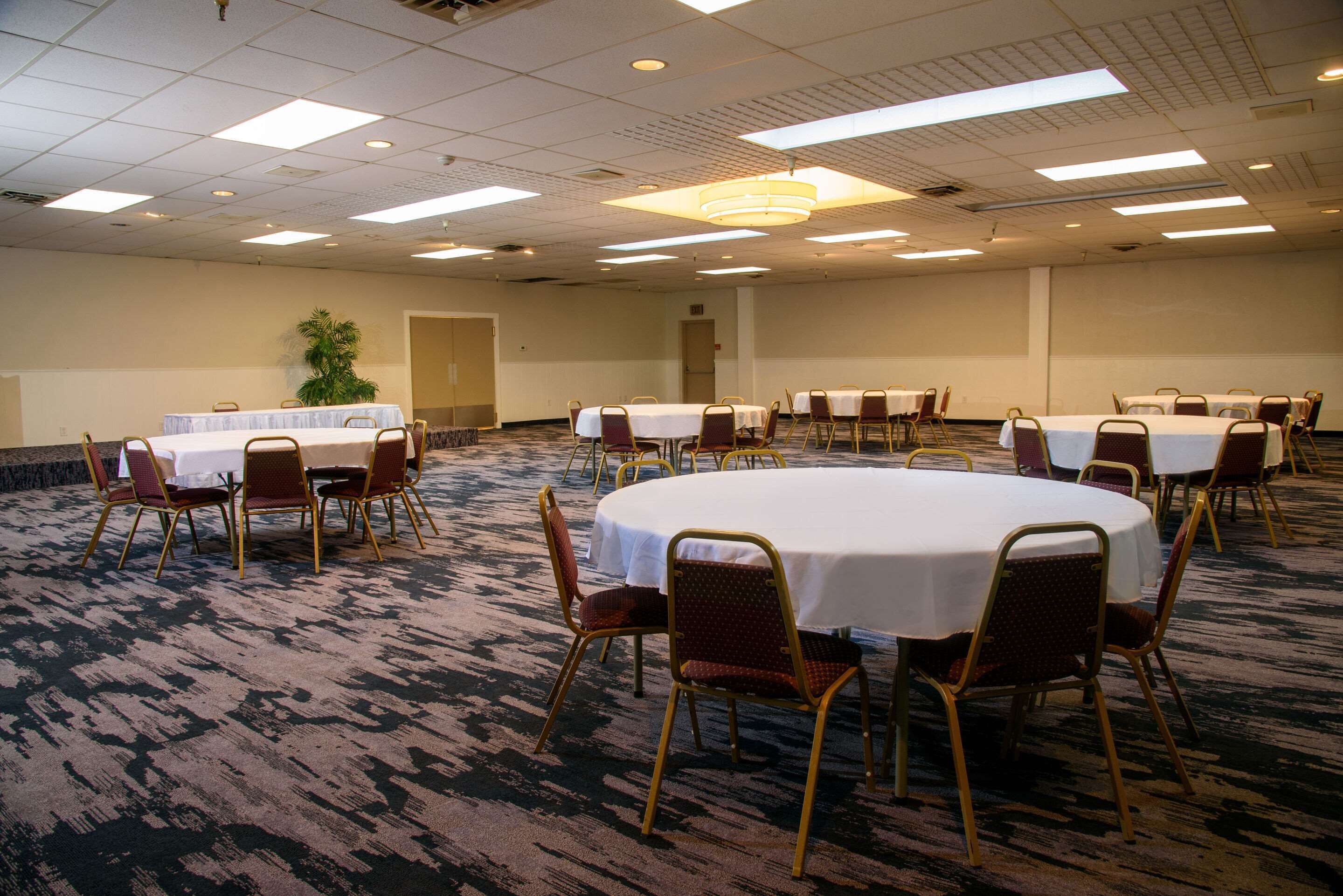 A conference room with round tables and chairs, carpeted floor, and ceiling lights.