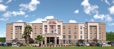 Hotel Hampton Inn & Suites con una fachada simétrica, múltiples ventanas y un jardín delantero ajardinado con palmeras y flores.