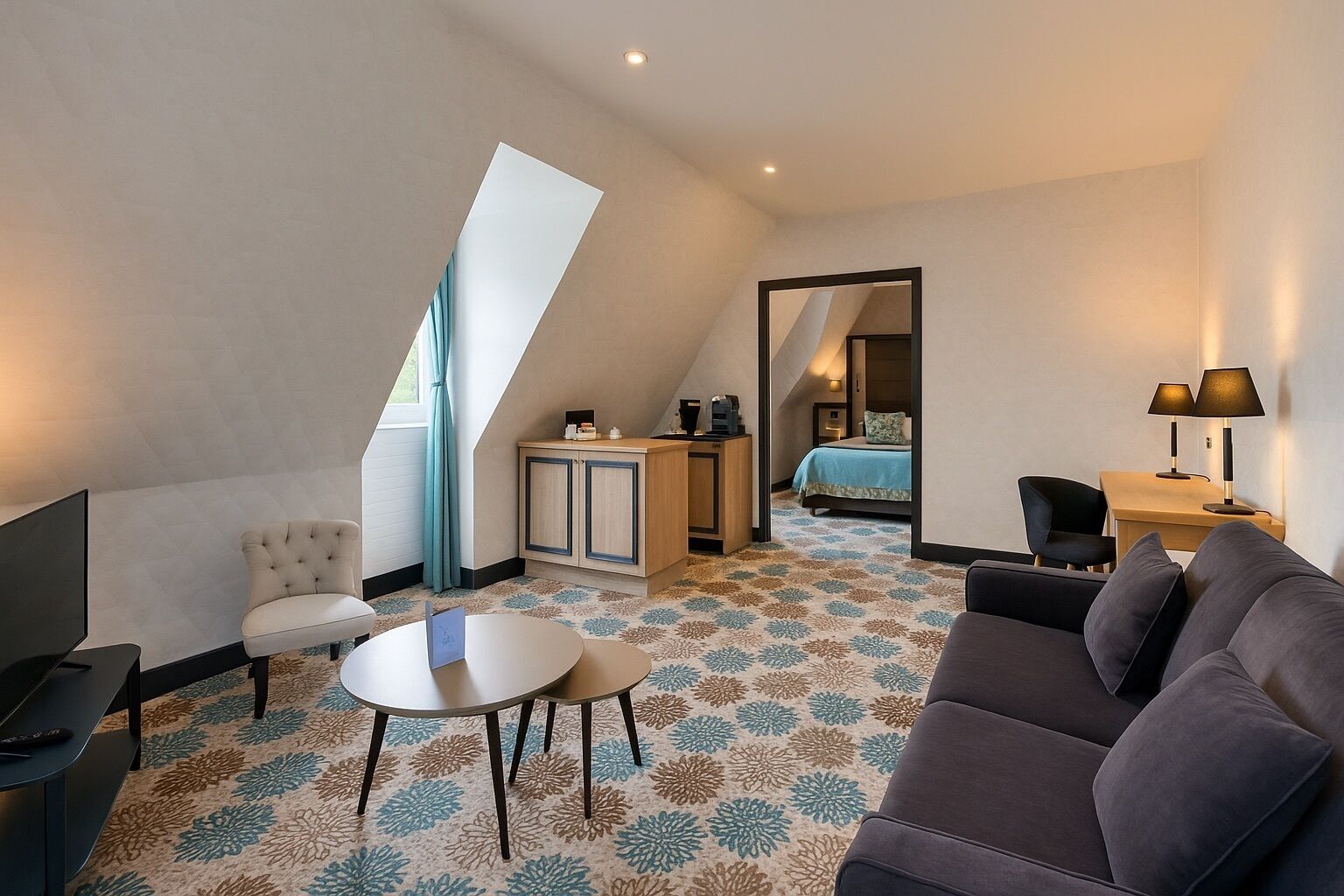A modern hotel room with a loft bed, a desk, a sofa, and a television.