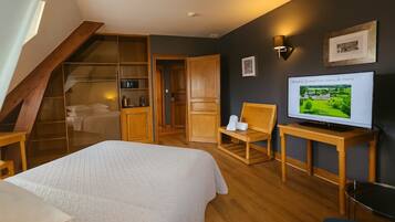 A bedroom with a bed, a television, a wooden chair, a wardrobe, and a built-in closet.