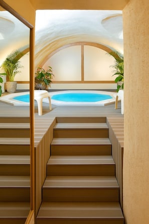 A pool area with steps leading to a pool, surrounded by plants and a ceiling with a unique design. - Hotel Golf Chateau de Chailly (Chailly-sur-Armancon)