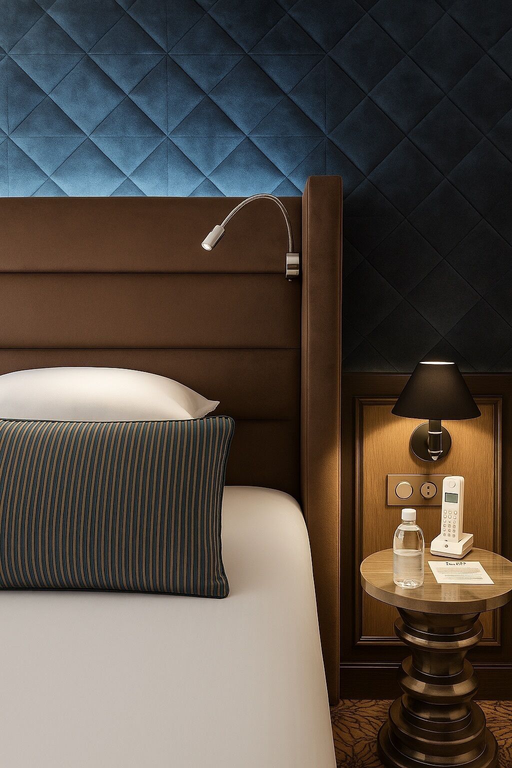 A hotel room with a bed, a bedside table with a lamp, a phone, and a bottle of water.