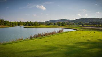 Ein Golfplatz mit einem See, umgeben von Bäumen und Hügeln.