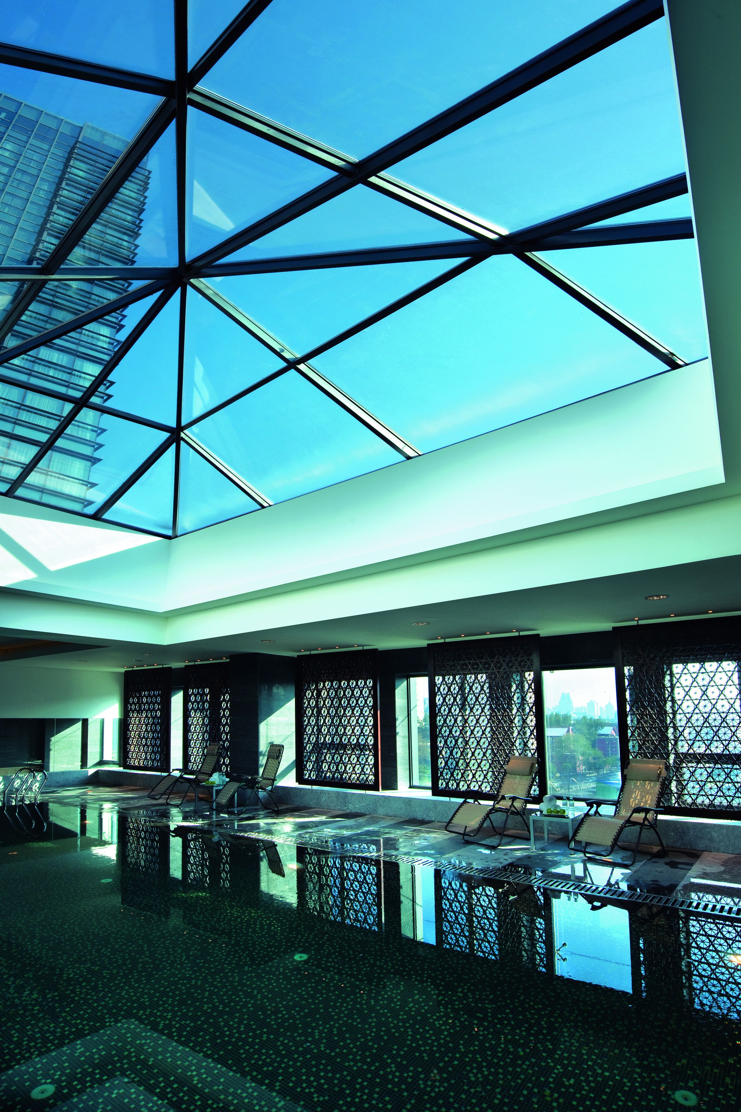 Indoor pool, outdoor pool, pool loungers